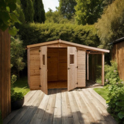 Abri de jardin en bois brut 3,7m² + bûcher 2,08m² + plancher