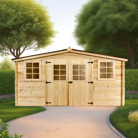 Abri en bois massif 16m² 28mm + toit en plaques ondulées Habrita