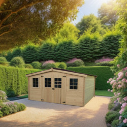 Abri en bois massif 16m² 28mm + toit en plaques ondulées Habrita