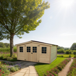 Abri en bois massif 16m² 28mm + toit en plaques ondulées Habrita