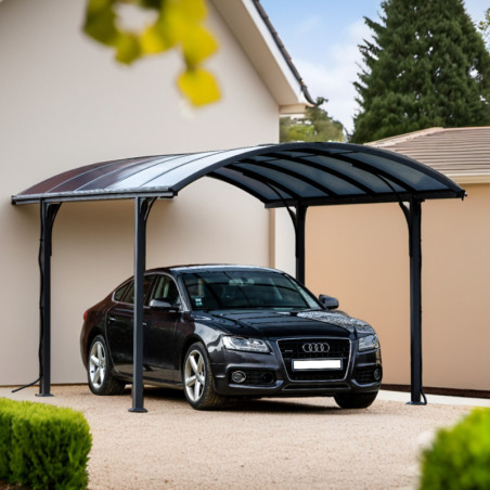 Carport en alu gris 1 voiture 14,62m² - Toit polycarbonate 6mm Habrita
