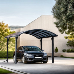 Carport en alu gris 1 voiture 14,62m² - Toit polycarbonate 6mm Habrita
