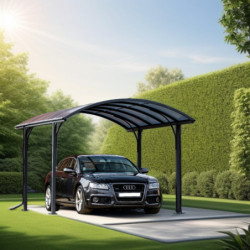 Carport en alu gris 1 voiture 14,62m² - Toit polycarbonate 6mm Habrita