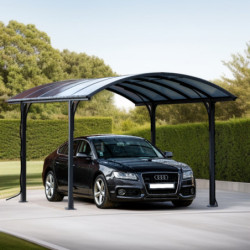Carport en alu gris 1 voiture 14,62m² - Toit polycarbonate 6mm Habrita