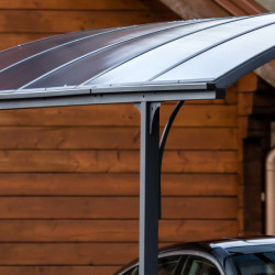 Carport en alu gris 1 voiture 14,62m² - Toit polycarbonate 6mm Habrita