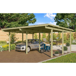 Carport double en pin autoclave avec toit PVC 27,58m² Karibu