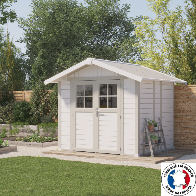 Abri de jardin en PVC 4,9m² DECO blanc et gris vert Grosfillex