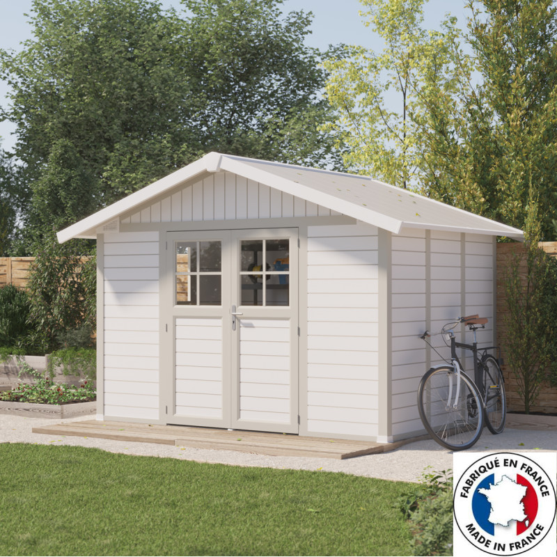 Abri de jardin en PVC 7,5m² DECO blanc et gris vert Grosfillex