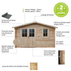 Abri de jardin en bois massif 12m² - madriers 28mm Gardy Shelter