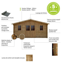 Abri bois massif 19,8m² 40mm traité teinté marron Gardy Shelter