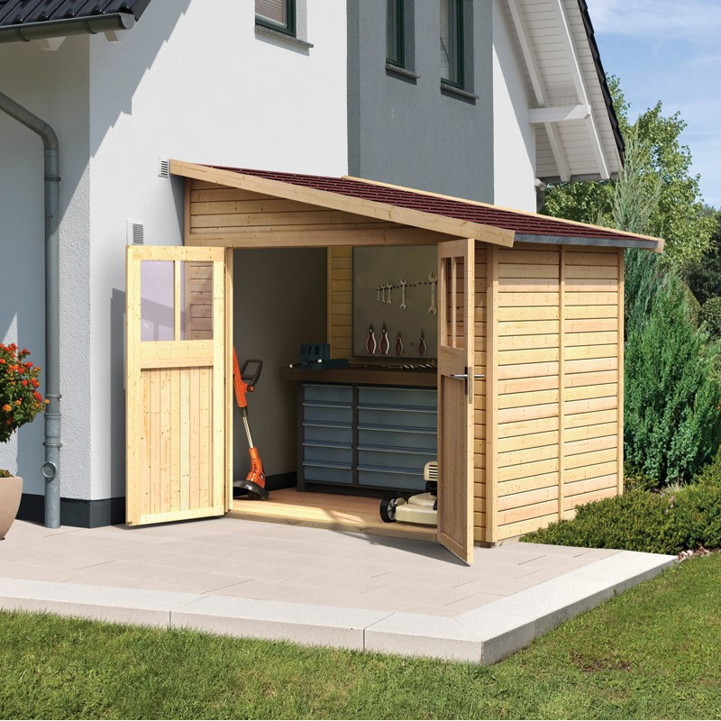 Abri en bois brut adossable 4,18m² Bomlitz 2 + Embase - Karibu