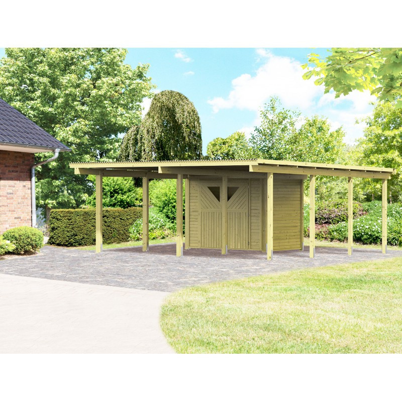 Carport en bois traité autoclave 30,35m² + petit débarras Karibu