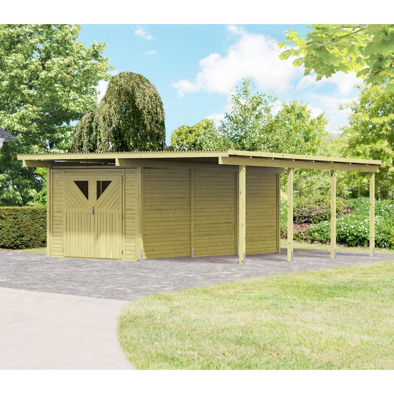 Carport en bois autoclave 30,35m² + débarras 14,4m² - Karibu