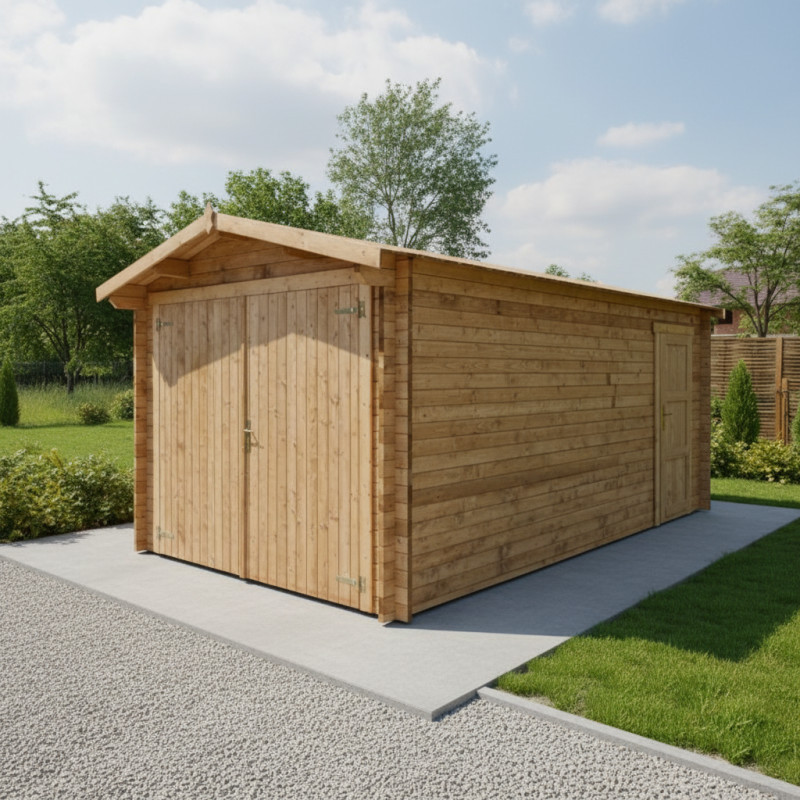 Garage en bois massif épais de 40mm traité et teinté Gardy Shelter