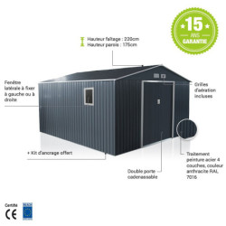 Abri en métal 13m² PLUS anthracite + kit d'ancrage X-METAL