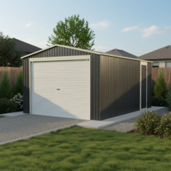Garage métal anthracite 19,5m² porte enroulable + Ancrage X-METAL