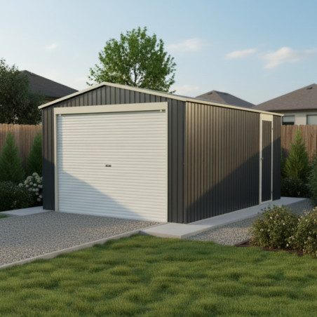 Garage métal anthracite 19,5m² porte enroulable + Ancrage X-METAL