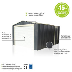 Garage métal anthracite 19,5m² porte enroulable + Ancrage X-METAL