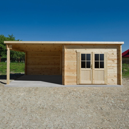 Abri bois toit plat 9m² 40mm + Terrasse couverte 9m² Gardy Shelter