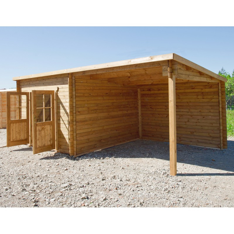 Abri toit plat 9m² PLUS + terrasse 9m² traité marron Gardy Shelter