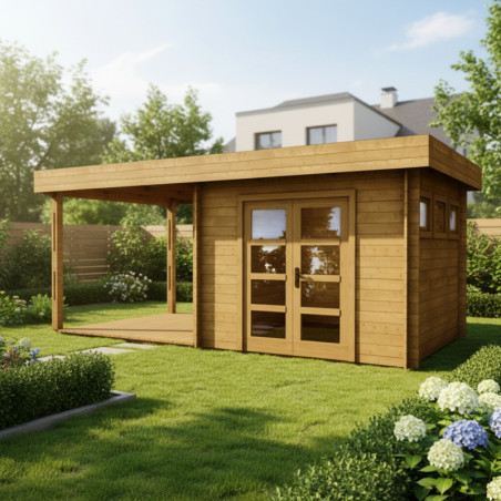 Abri toit plat en bois traité marron 9m² + Terrasse Gardy Shelter