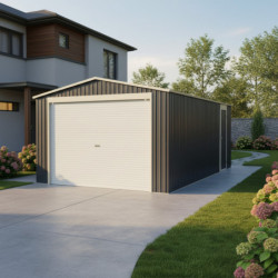 Garage métal anthracite 17,31m² porte enroulable + kit d'ancrage X-METAL