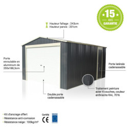 Garage métal anthracite 17,31m² porte enroulable + kit d'ancrage X-METAL