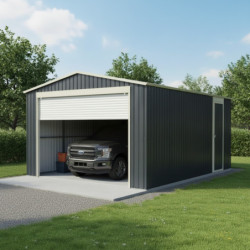 Garage métal gris 15,1m² Porte enroulable + kit d'ancrage X-METAL
