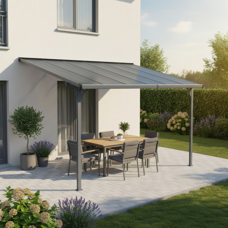 Pergola adossée ajustable en alu anthracite 3,75x2,55m X-METAL