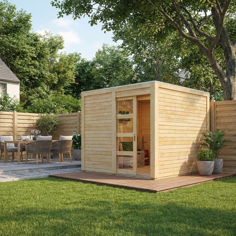 Abri en bois massif 19mm à toit plat Qubic 6,05m² - Karibu