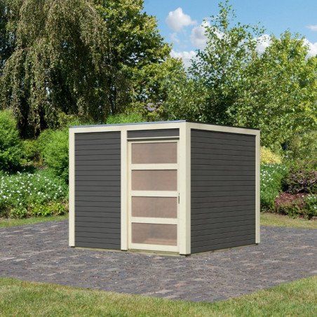 Abri de jardin en bois vitrifié gris 19mm Qubic de 6.05m² Karibu