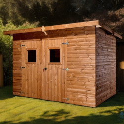 Abri en bois thermowood Theora 6,45m² + toiture en acier HABRITA