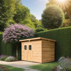 Abri en bois thermowood Theora 6,45m² + toiture en acier HABRITA