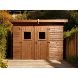 Abri en bois thermowood Theora 6,45m² + toiture en acier HABRITA