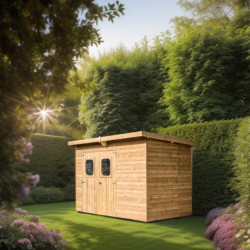 Abri en bois thermowood Theora 6,45m² + toiture en acier HABRITA