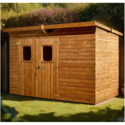 Abri en bois thermowood Theora 7,33m² + toit plat en acier HABRITA