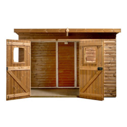 Abri en bois thermowood Theora 7,33m² + toit plat en acier HABRITA