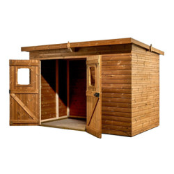 Abri en bois thermowood Theora 7,33m² + toit plat en acier HABRITA