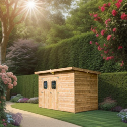 Abri en bois thermowood Theora 7,33m² + toit plat en acier HABRITA