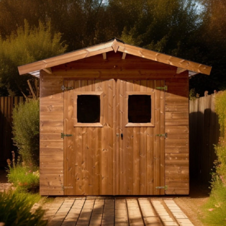 Abri bois thermowood 7,81m² Thermabri + toiture en acier HABRITA