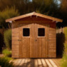 Abri bois thermowood 7,81m² Thermabri + toiture en acier HABRITA
