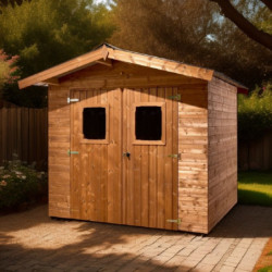 Abri bois thermowood 7,81m² Thermabri + toiture en acier HABRITA