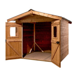 Abri bois thermowood 7,81m² Thermabri + toiture en acier HABRITA