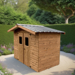 Abri bois thermowood 7,81m² Thermabri + toiture en acier HABRITA