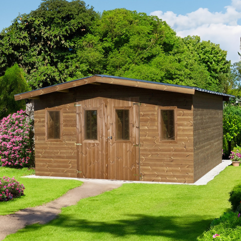 Abri bois thermowood 15,14m² Thermabri + toiture en acier HABRITA