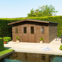 Abri bois thermowood 19,69m² Thermabri + toiture en acier HABRITA