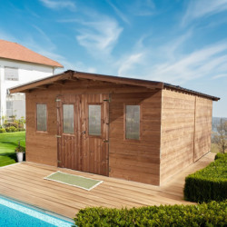 Abri bois thermowood 24,30m² Thermabri + toiture en acier HABRITA
