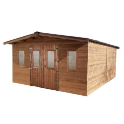 Abri bois thermowood 24,30m² Thermabri + toiture en acier HABRITA