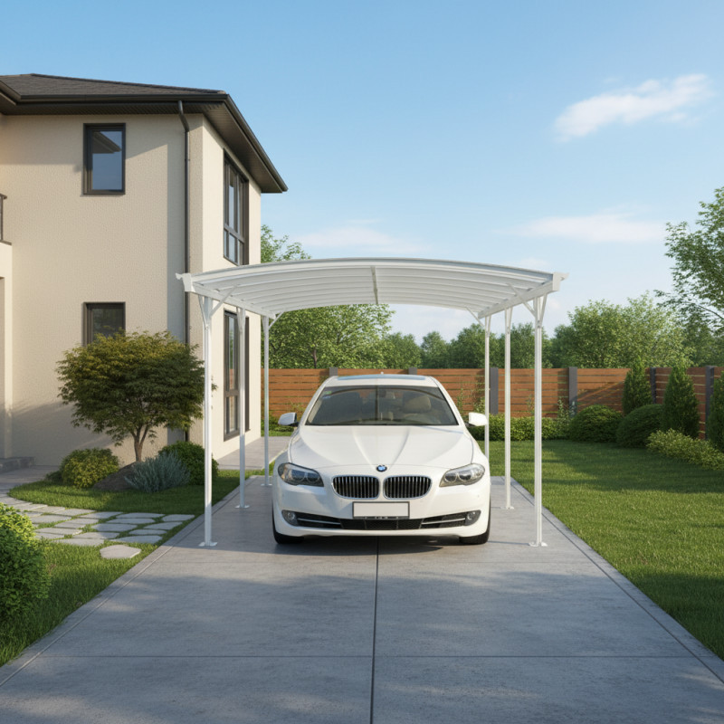Carport blanc en alu blanc 3x5,76m et plaques PC 6mm X-METAL