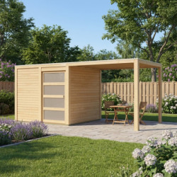 Abri en bois massif 19mm  avec appentis Qubic 6,05m² - Karibu